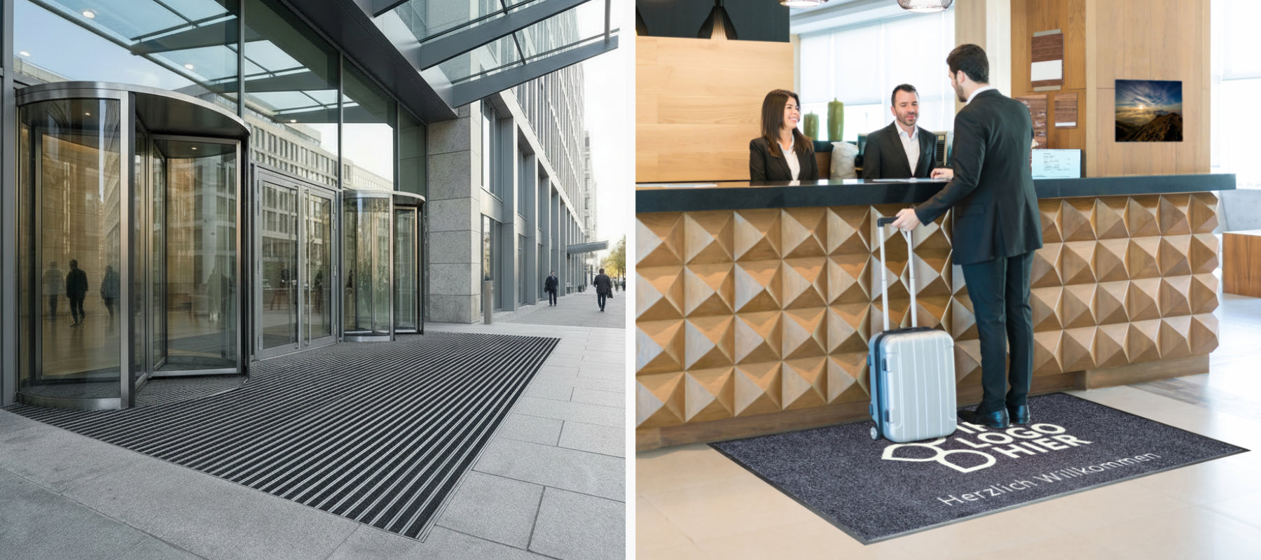 Doppelbild auf dem auf der linken Seite ein Eingsmattensystem und der rechten Seite eine Logomatte zu sehen ist