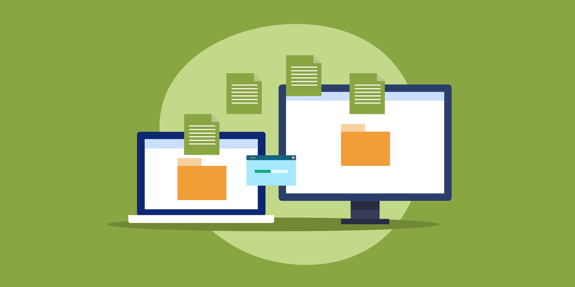 Illustration eines Computers und eines Laptops die Dateien tauschen