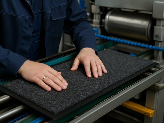 Mitarbeiter in der Produktion der eine Fußmatte überprüft