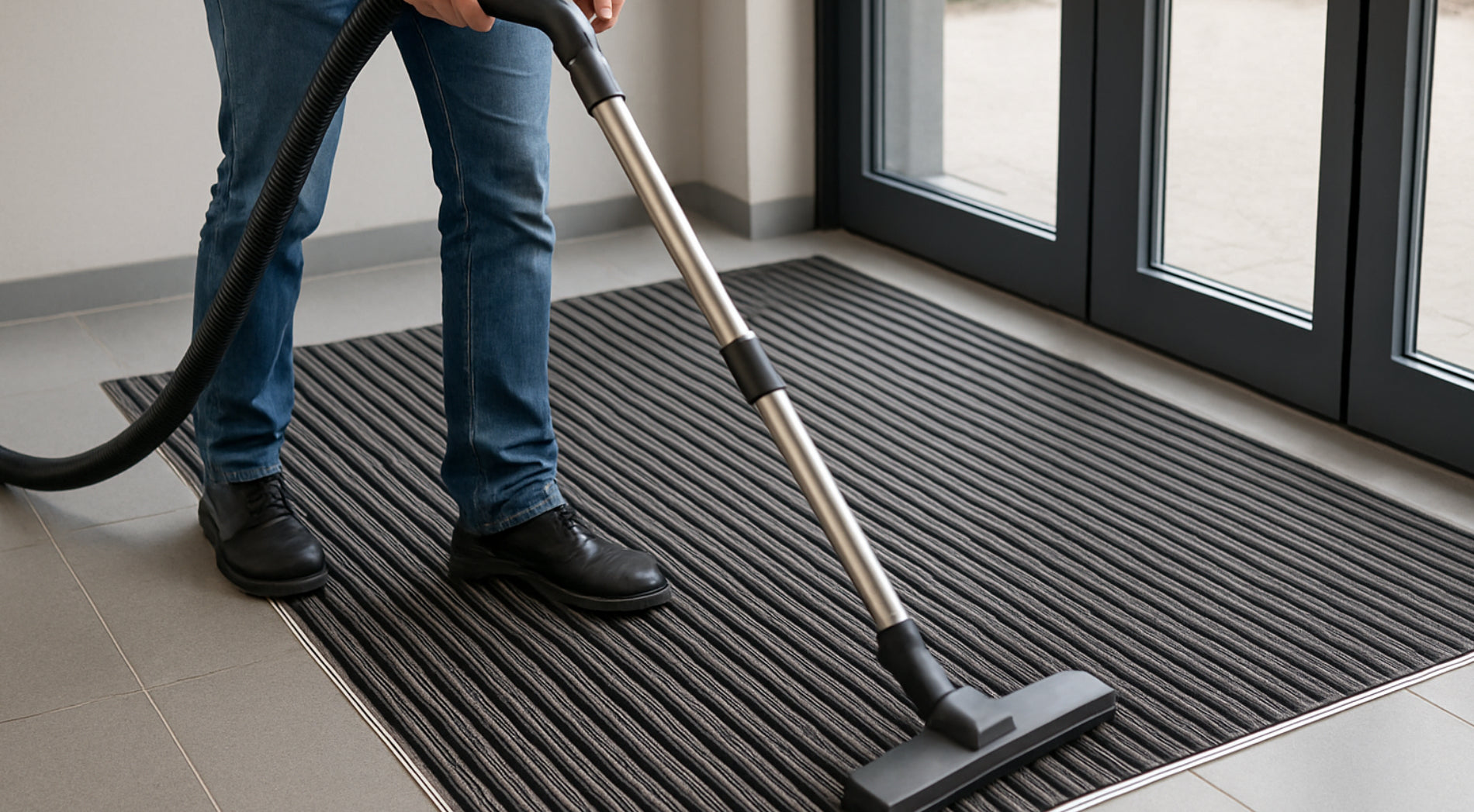 Jemand saug ein Eingangsmattensystem ab