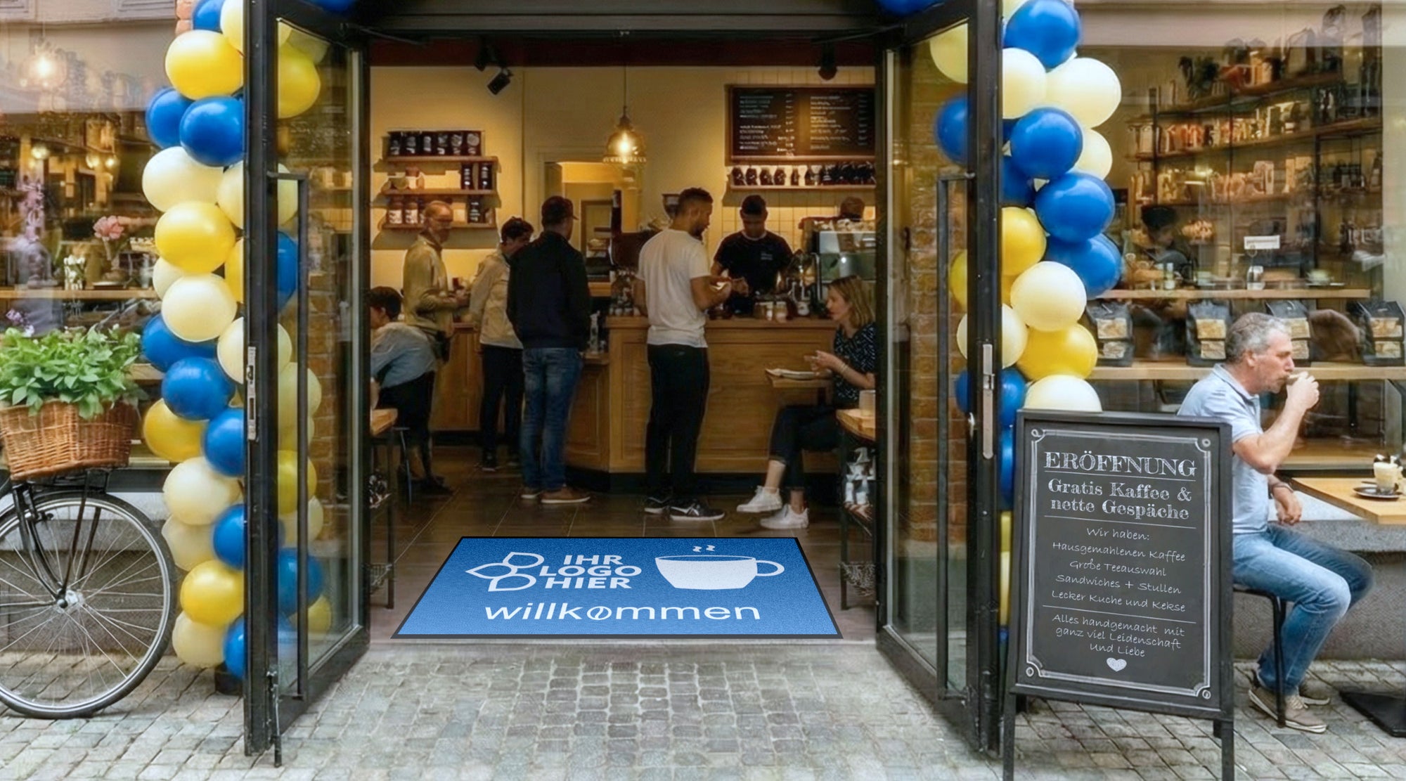 Blaue Fußmatte liegt im Eingang von einem Café