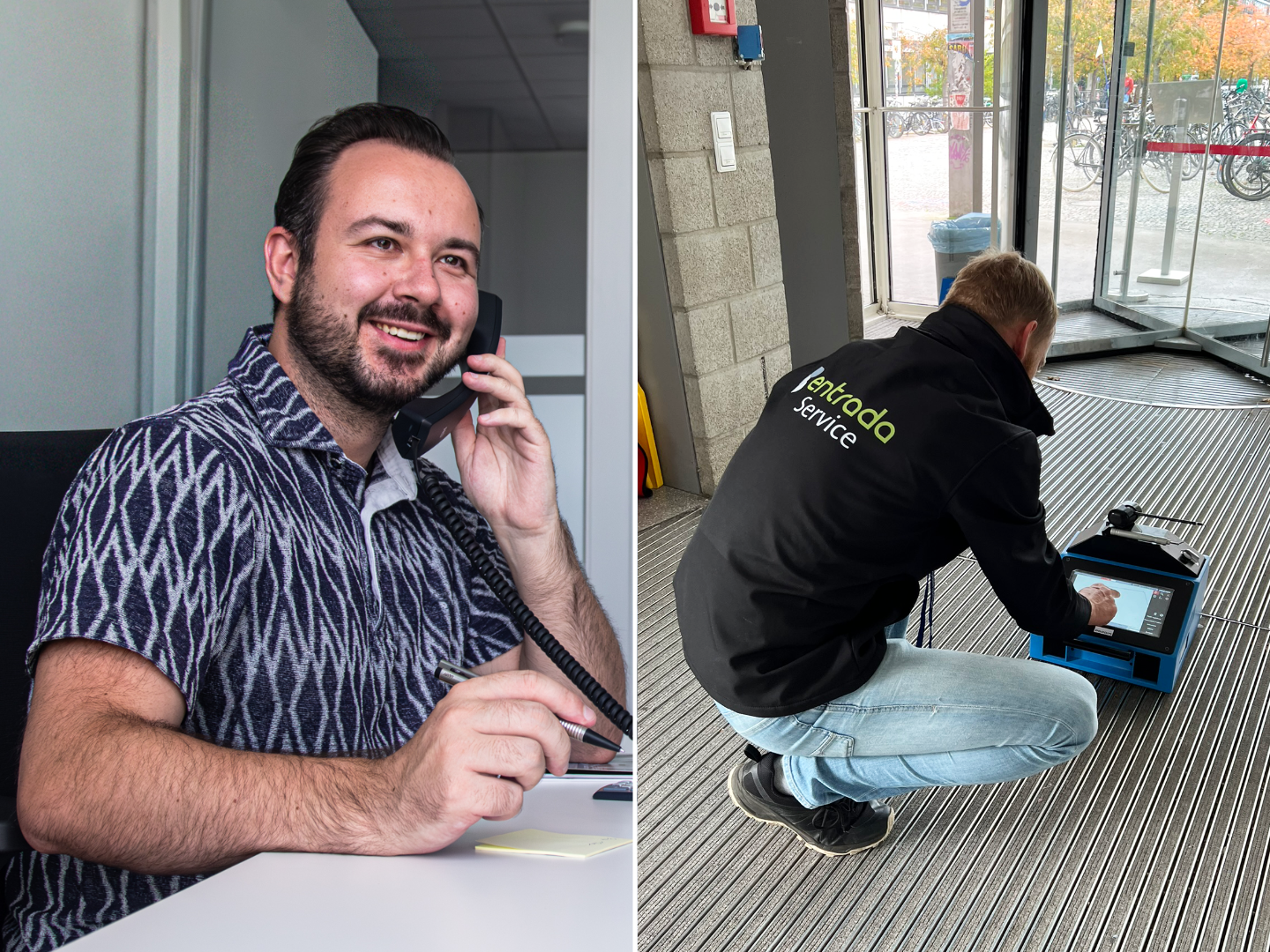 geteiltes Bild, auf der einen Seiite ein Mitarbeiter am telefon, auf der anderen ein Servicemitarbeiter beim Aufmaß