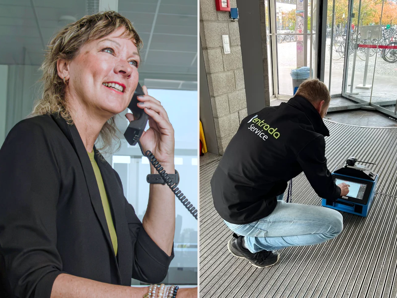 geteiltes Bild, auf der einen Seiite ein Mitarbeiter am telefon, auf der anderen ein Servicemitarbeiter beim Aufmaß
