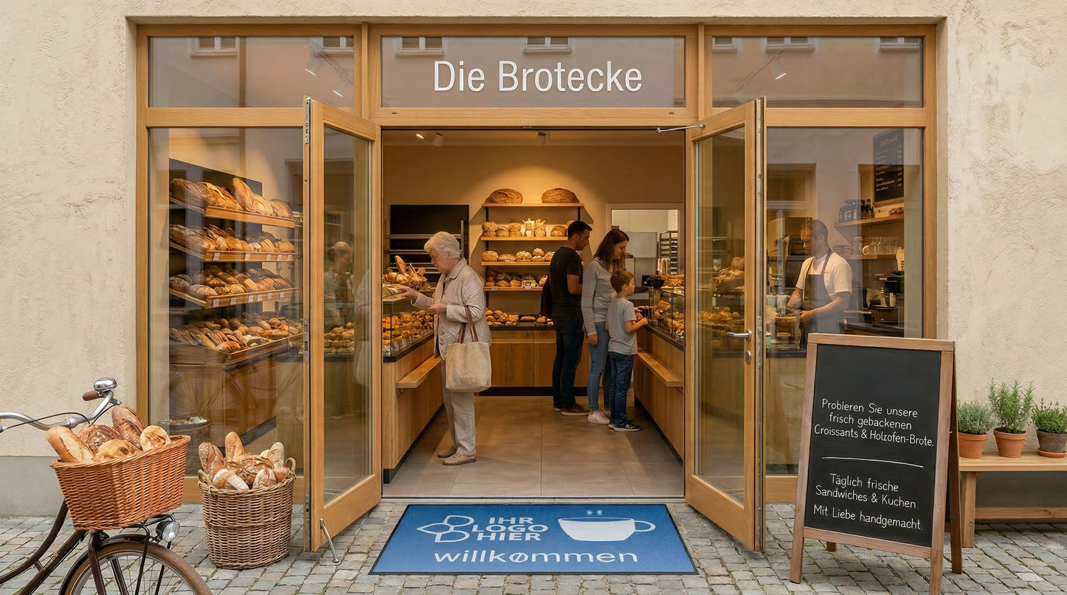 Blaue Fußmatte liegt vor einer Bäckerei mit Glasfassade