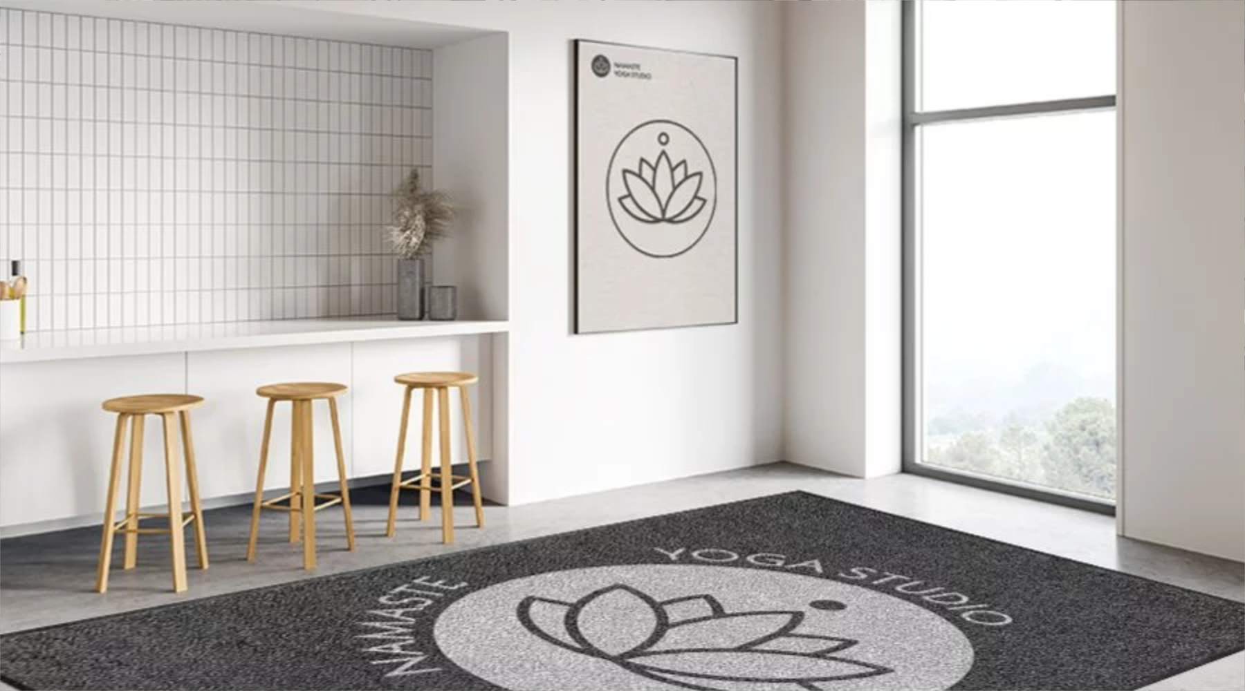 Bedruckte Fußmatte mit Logo im Yoga Studio