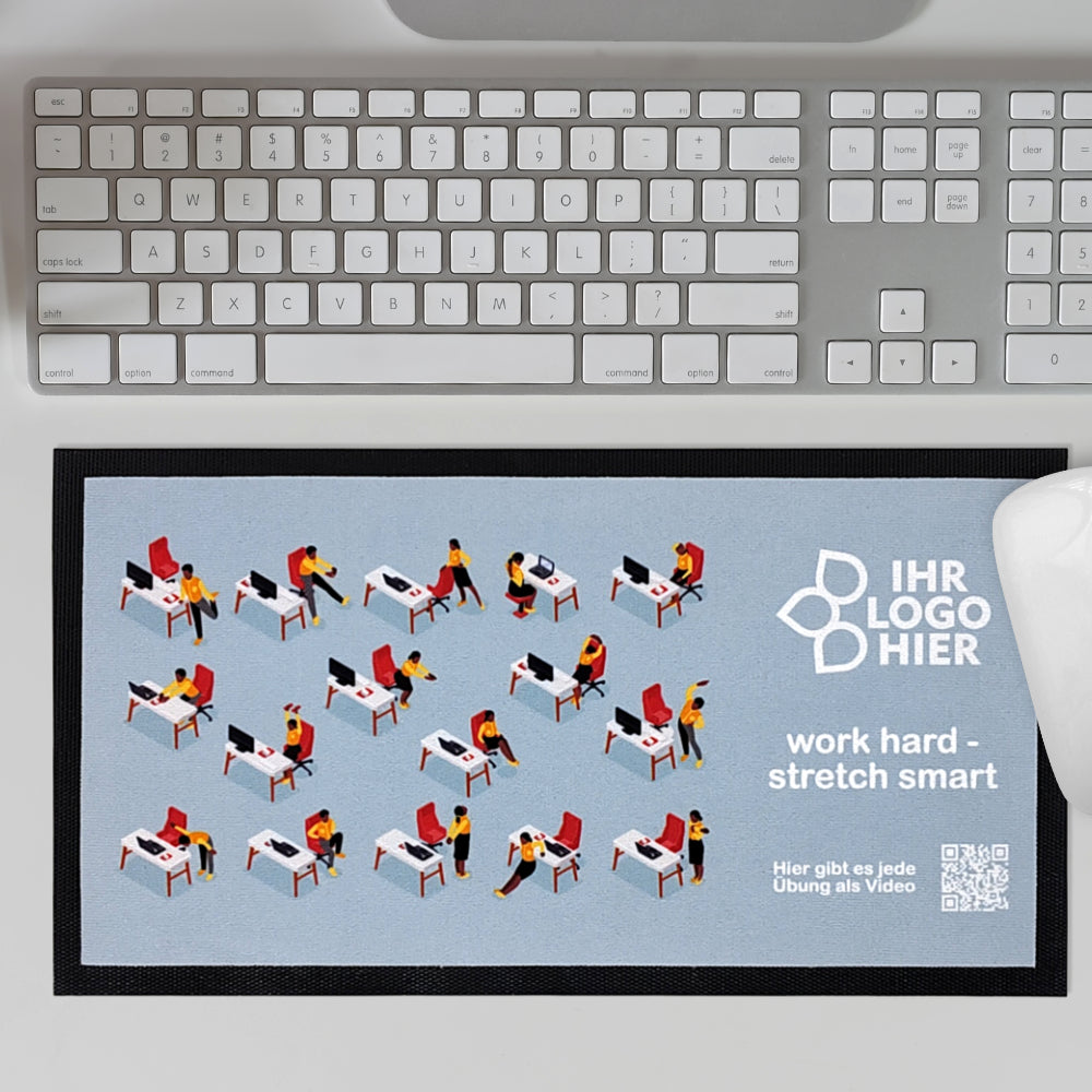 Deskmat auf dem Bürotisch mit Work Out Motiven