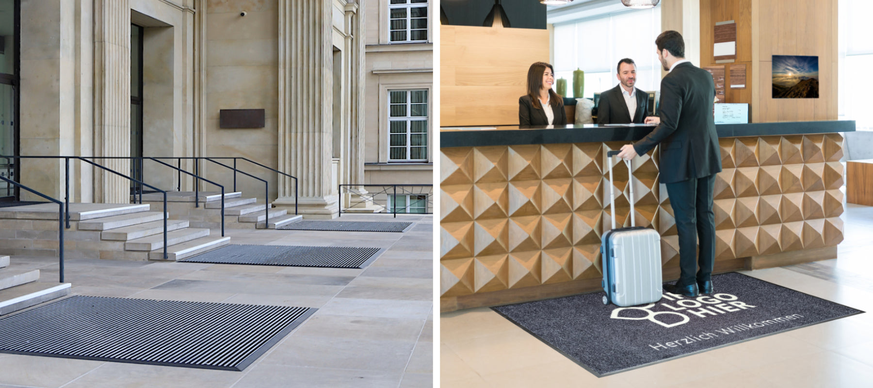 Doppelbild auf dem  auf der linken Seite ein Eingsmattensystem und der rechten Seite eine Logomatte zu sehen ist