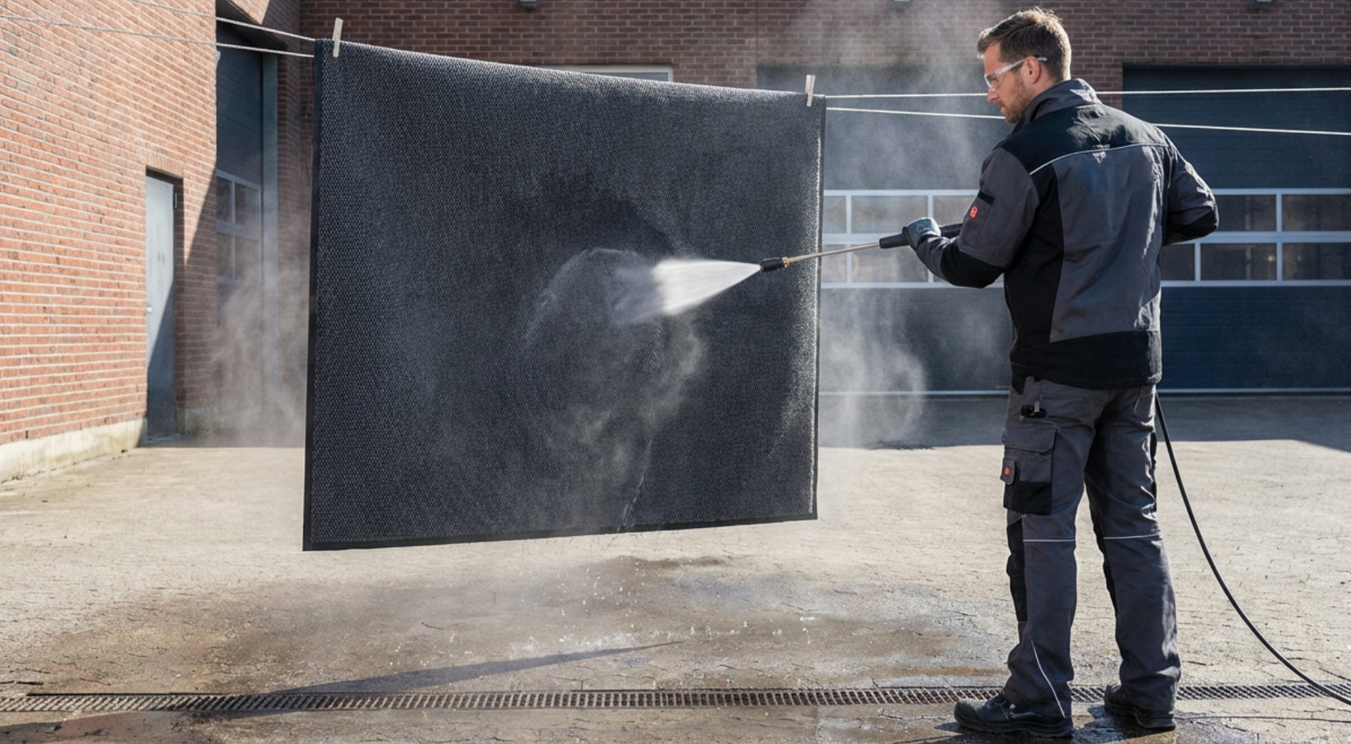 Fußmatte die mit dem Hochdruckreiniger gesäubert wird