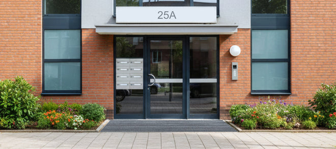 Ein rotes Backsteinmehrfamilienhaus mit der Hausnummer 25a hat eine große Glastür mit Briefkästen und eine Fußmatte vor der Tür.
