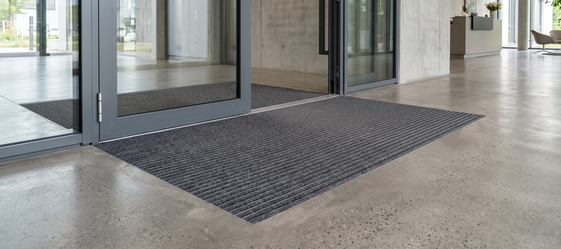 Eingangsbereich eines modernen Gebäudes mit Betonboden und Wänden und eingelassener Aluprofilmatte im Boden.