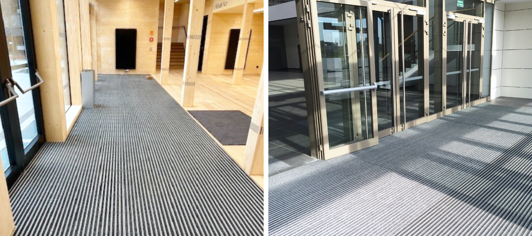 Zwei Bilder auf denen jeweils ein EIngangsmattensysten zu sehen ist, einmal draußen, einmal drinnen