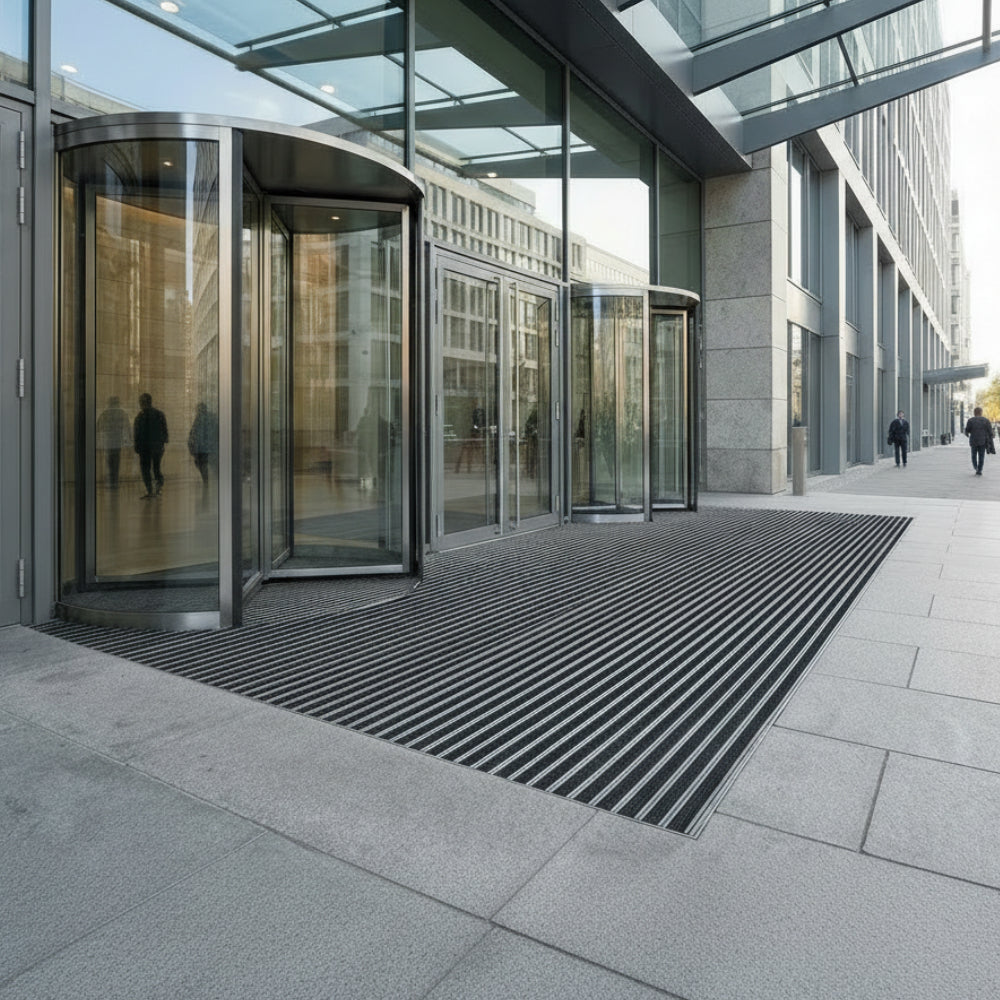 Steinfliesen und Alumatte mit Rips vor Bürogebäude mit Glasfront