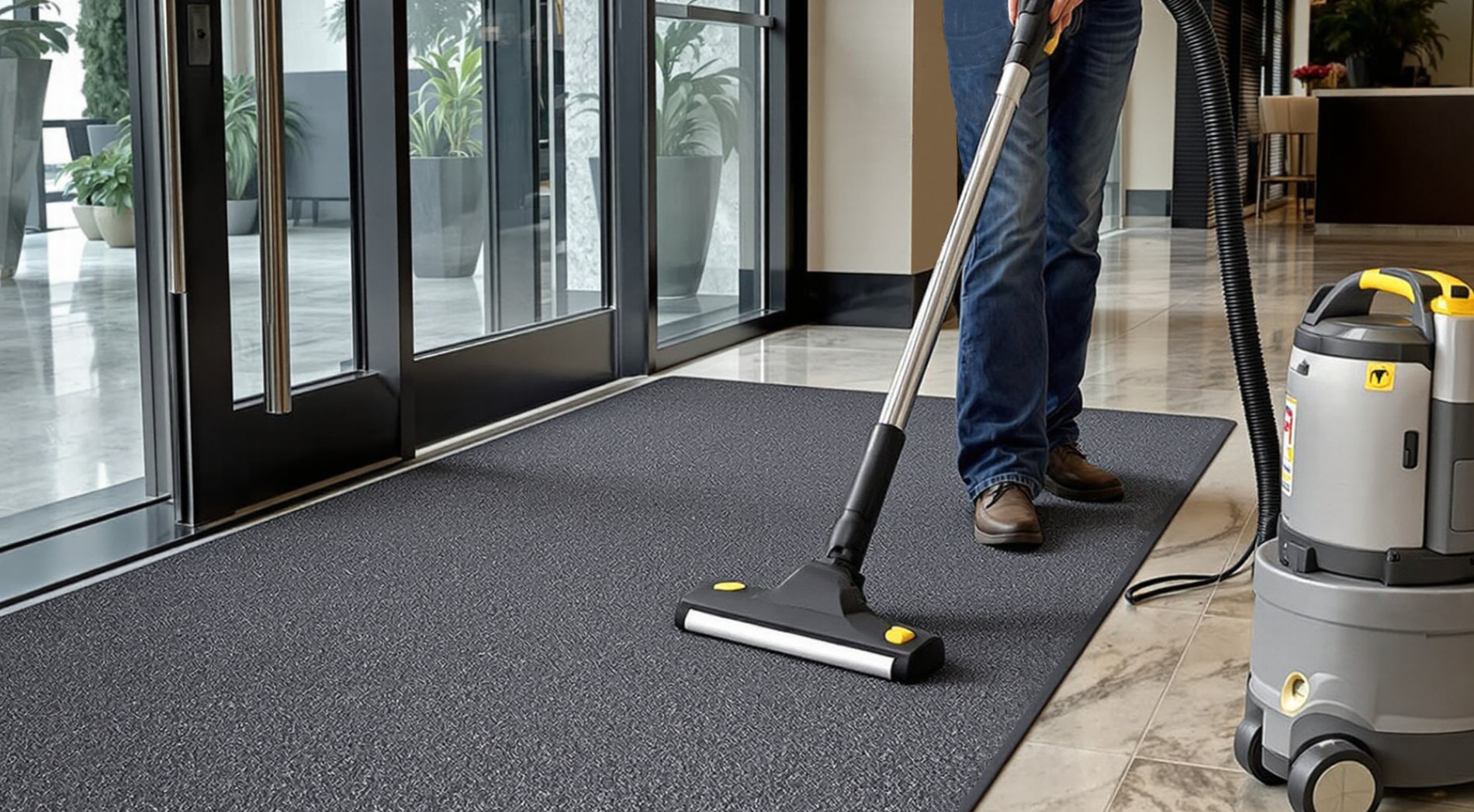 Fußmatte im Eingangsbereich, die mit einem Staubsauger abgesaugt wird