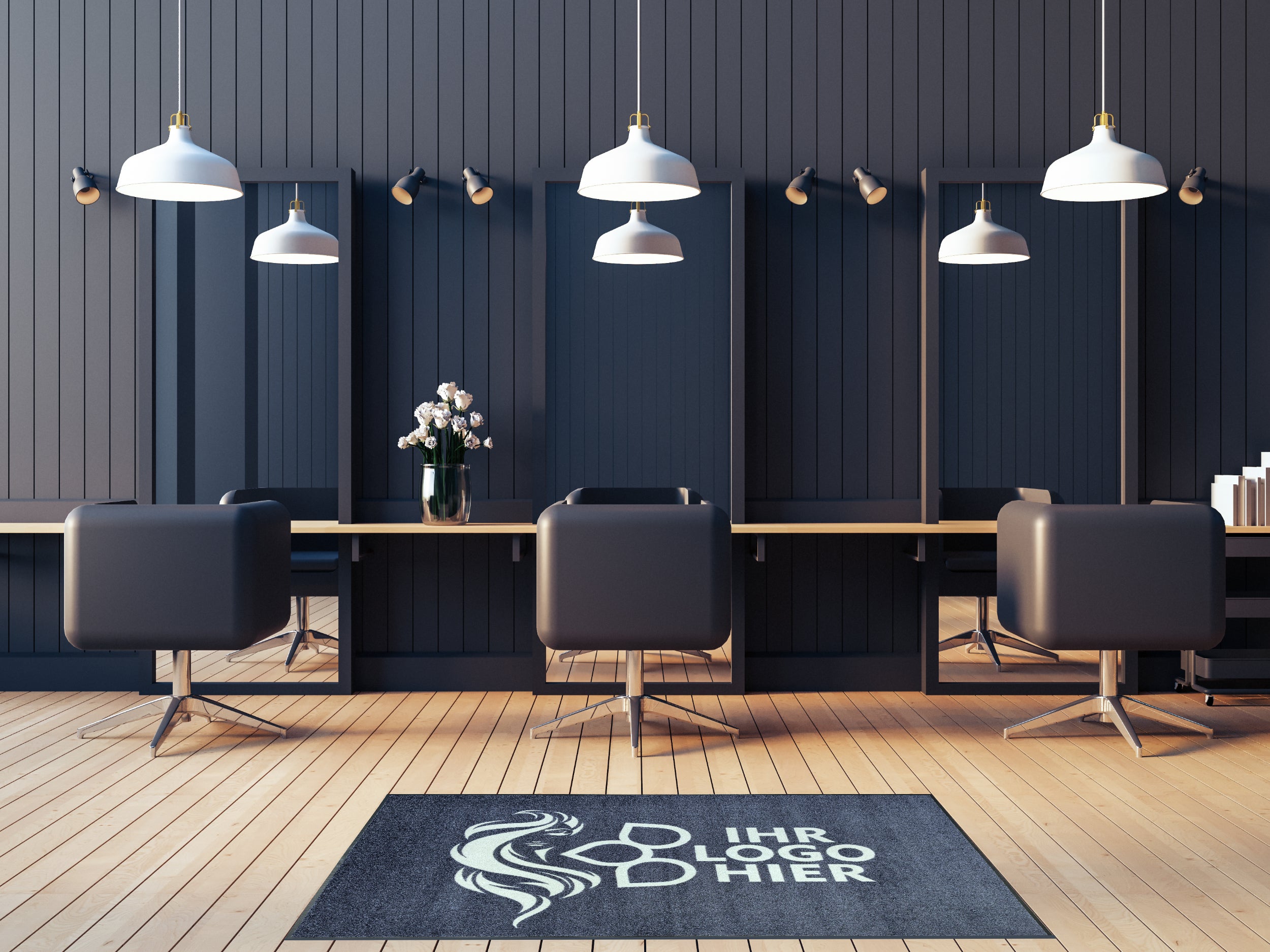 In schicken Frisörsalon liegende dunkelgraue Logomatte mit Schriftzug: Ihr Logo hier 