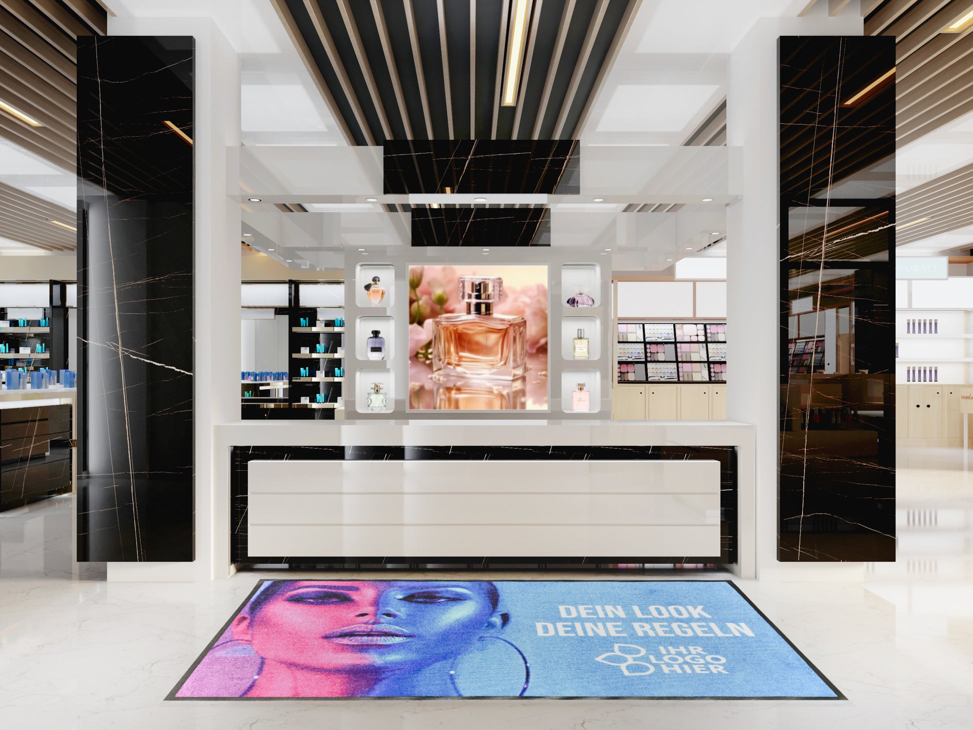 Fotorealistische Logomatte Pink und Hellblau liegt in Drogerie aus