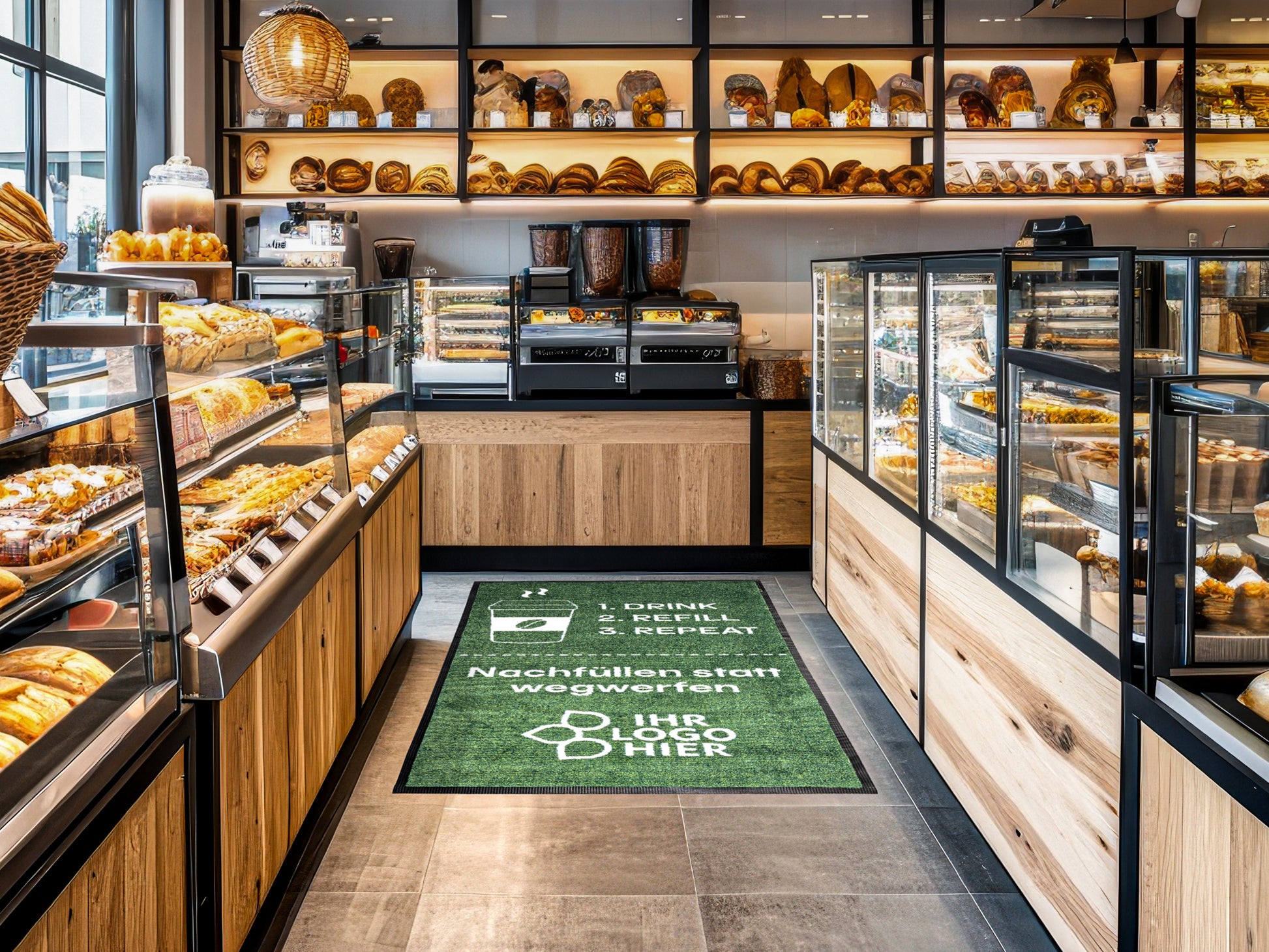 Grüne Logomatte in Bäckerei mit dem Hinweis Nachfüllen statt Wegwerfen mit Bezug auf die Kaffeebecher