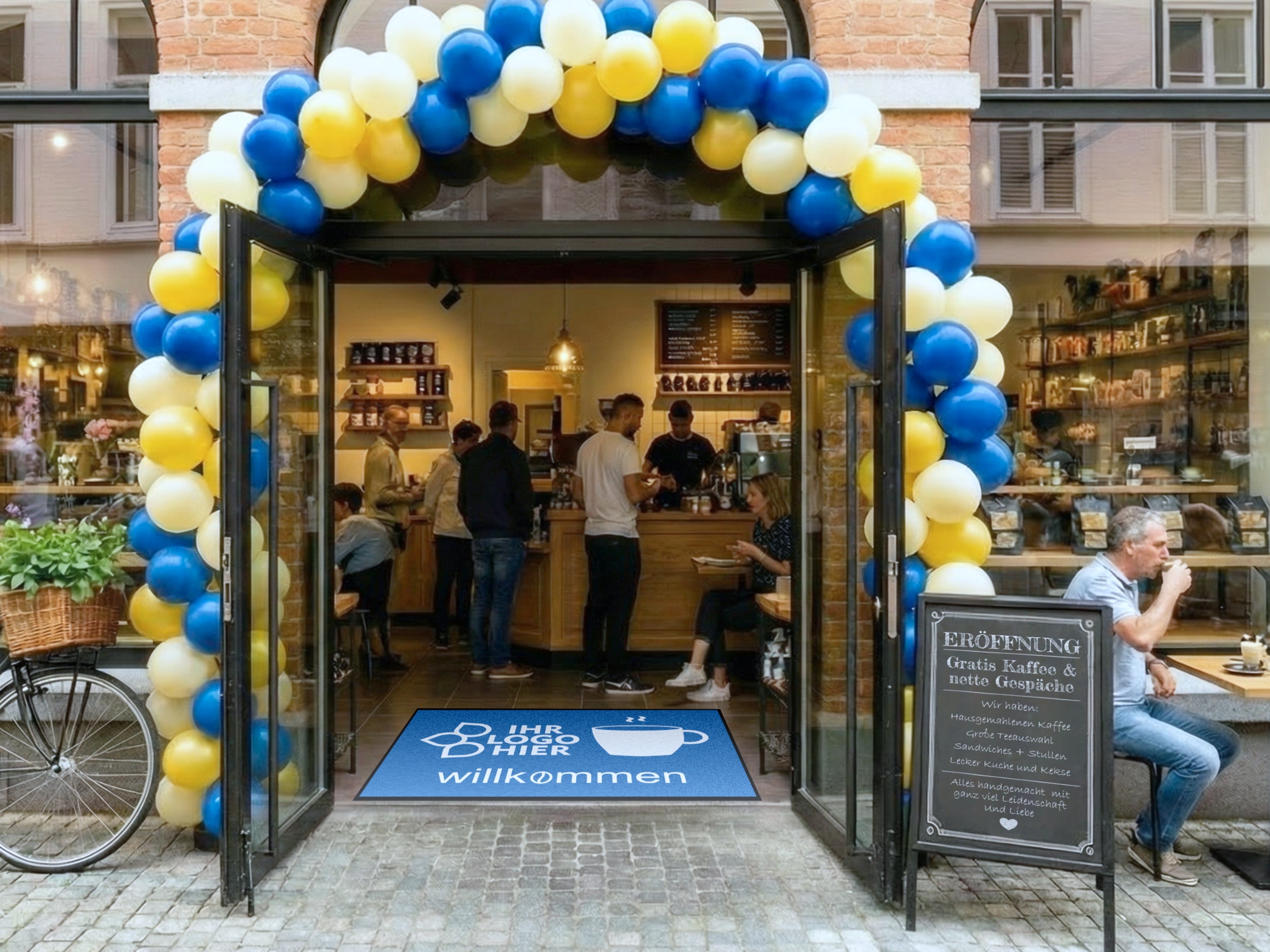 Blaue Logomatte liegt im Eingang bei Eröffnung einer Bäckerei im Einzelhandel
