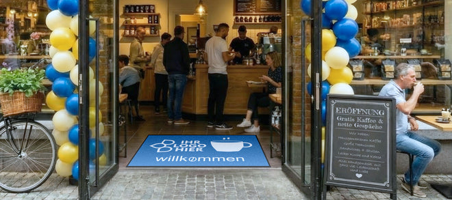 Blaue Fußmatte mit Aufschrift Willkommen liegt im Eingang von einem Café
