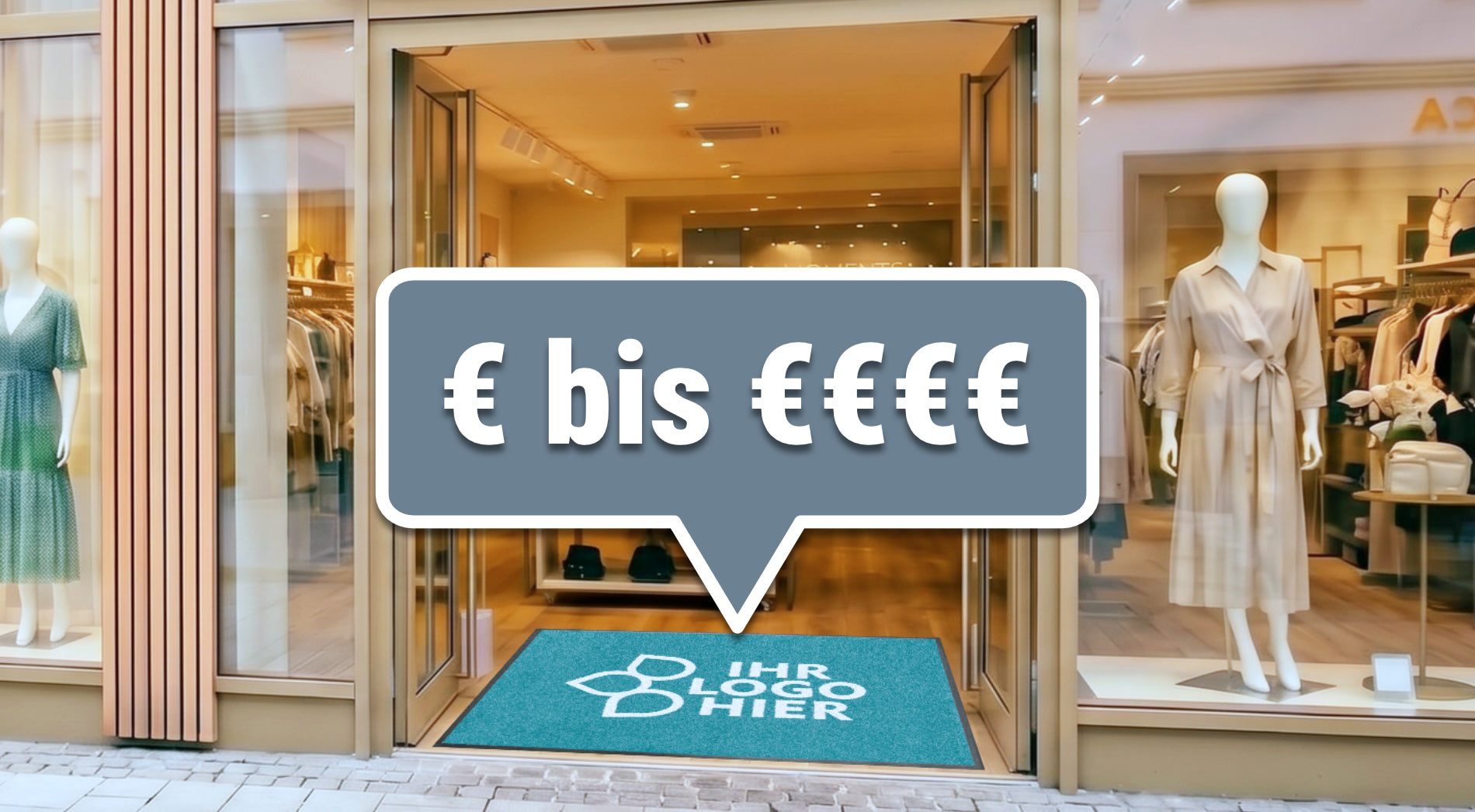 Modegeschäft mit türkisfarbener Fußmatte im Eingang. Eine Sprechblase zeigt an: € bis €€€€.