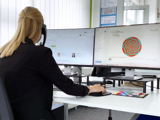 Mitarbeiterin die einen Kunden vor dem PC am Telefon berät