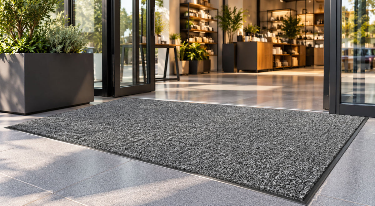Eine graue Schmutzfangmatte liegt vor der Ladentür eines Concept Stores