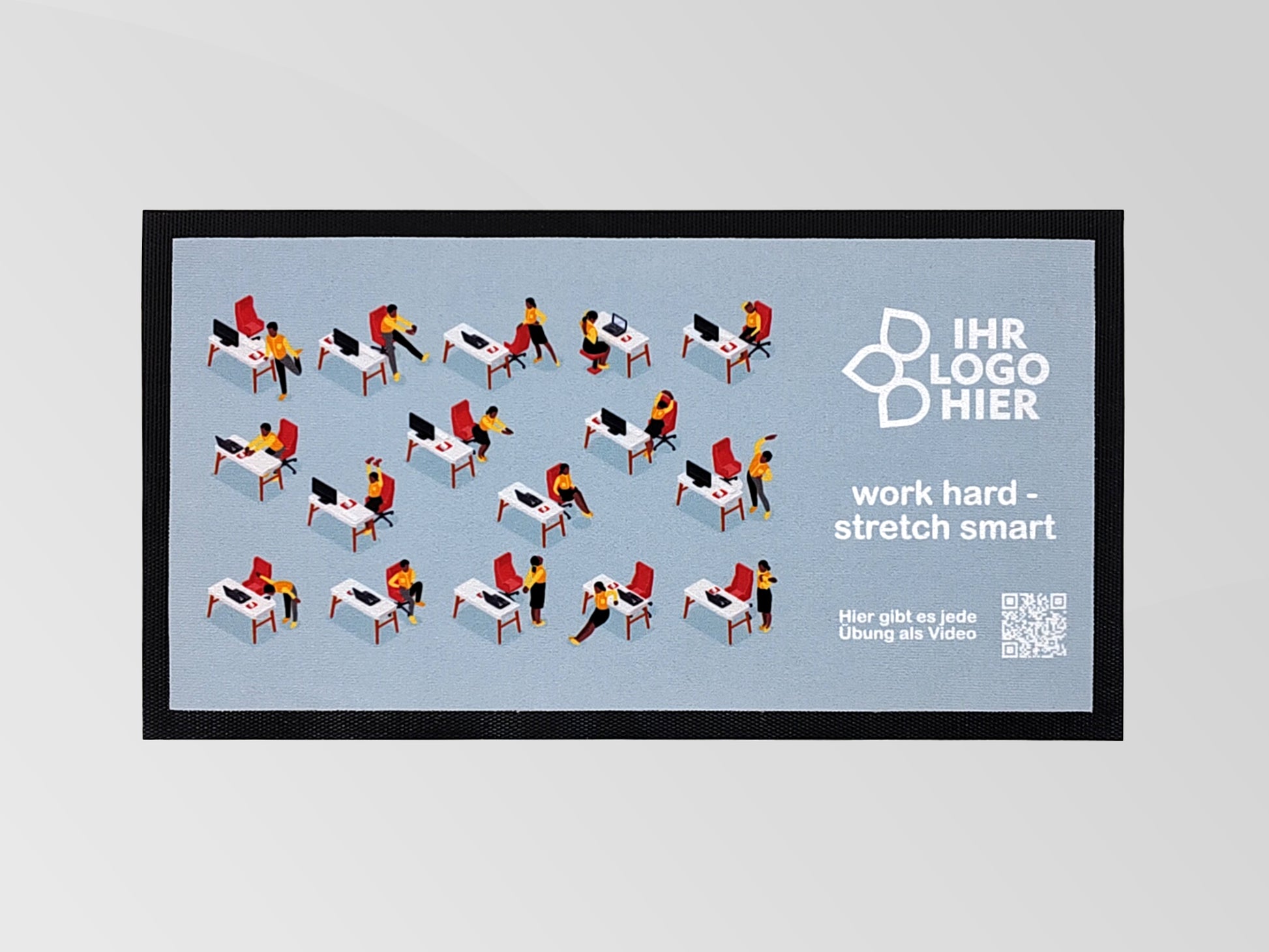 Schreibtischmatte von oben mit Dehnübungen für den Arbeitsalltag