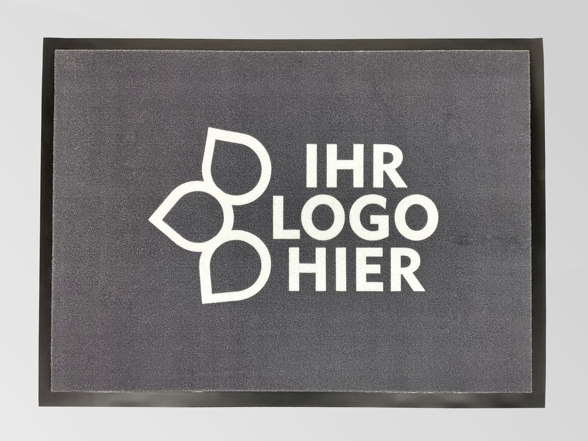 Graue Werbematte mit Rand mit dem Schriftzug: Ihr Logo hier